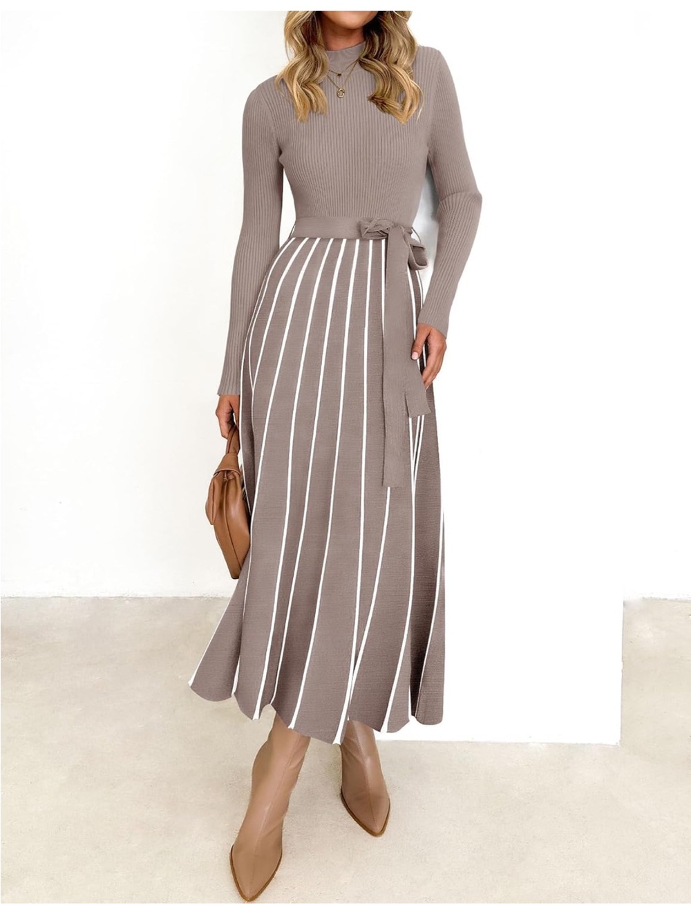 Zesica Mauve Long Sleeve Ribbed Belted Maxi Dress.Brown and beige. Size XL